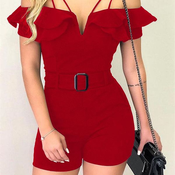

Elegant V Cut Short Sleeve Casual Party Playsuit Layered Ruffles Cold Shoulder Regular Belted Romper 2019 Summer