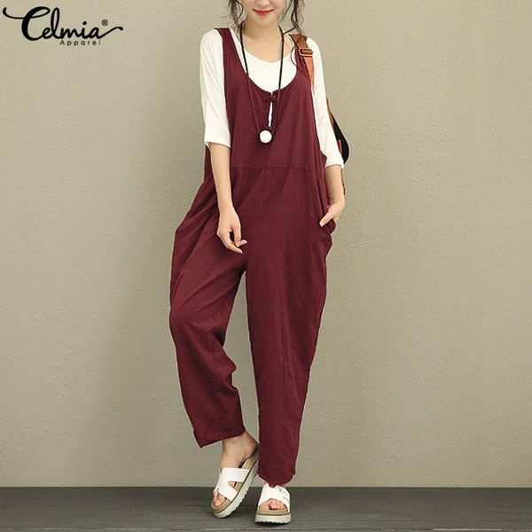 

celmia 2019 summer vintage women jumpsuits linen wide legs pants rompers casual sleeveless buttons down loose plus size overalls, Black;white