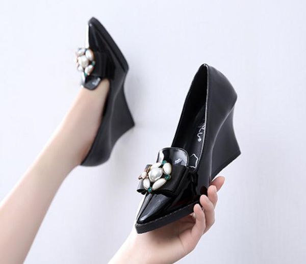 

2019 women's shoes in spring and autumn with new style slope heel pointed end bowknot @7077, Black