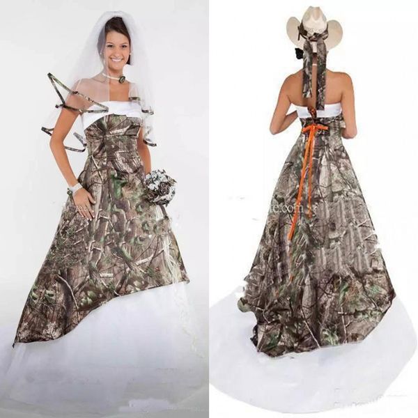 

camo wedding dresses satin country cowgirls bridal dresses sweep train plus size camouflage wedding dresses corset lace up, White