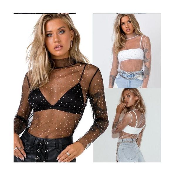 

women polka dot see through long sleeve evening club pullover gauze shirt, White