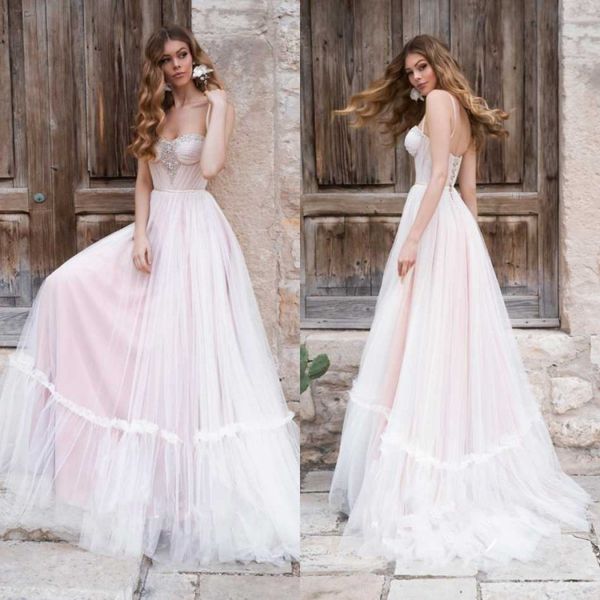 

2019 чешские спагетти свадебные платья кристаллы зашнуровать обратно пляж свадебные платья с рябить сексуальные халаты де марие дешевые, White