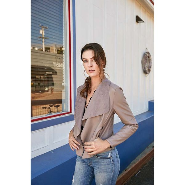 

escalier женские куртки из искусственной кожи тонкий открытый передний лацкан блейзер куртки, Black