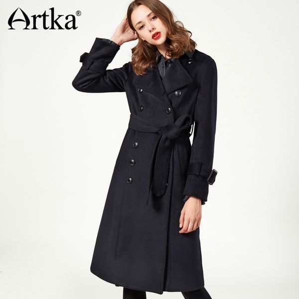 

artka 2018 autumn&winter elegant adjustable waist belt wool contained extra long coat with sash fa10273d y190926, Black