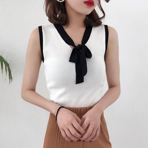 

*korean style women t-shirt v-neck bow knitted t shirt color block tees sleeveless casual tshirt patchwork fabric*, White