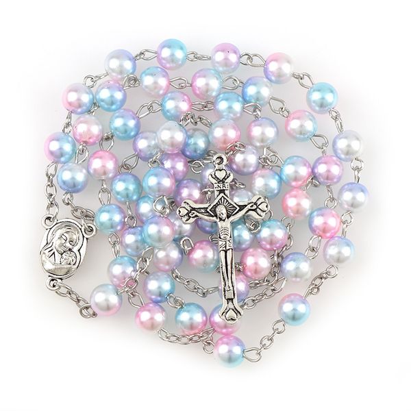 

new starry sky color rosary 8mm round pearl beads catholic rosary with holy soil medal crucifix prayer religious jewelry, Silver