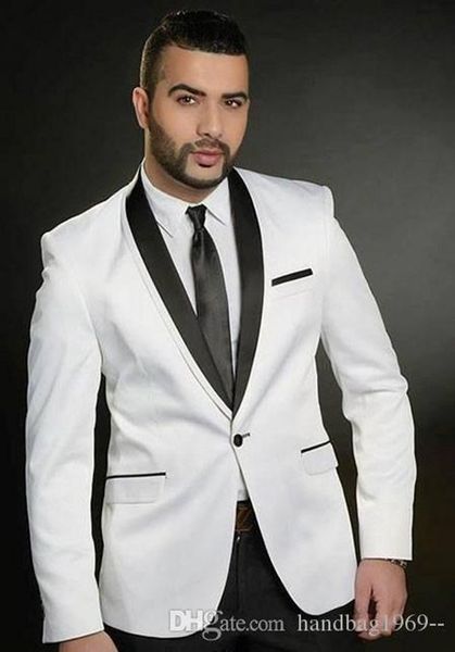 Personalizar Ternos One Button Branco Noivo Smoking gola casamento do homem vestido de baile Blazer Mens (jaqueta + calça + gravata) D: 2