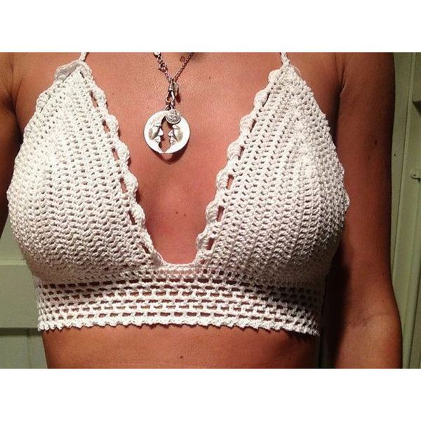 

summer bikini swimwear women's handmake knittted cotton crochet crop hollow out tanks camisoles white black