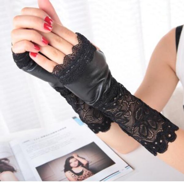 

women' elastic leather patchwork lace glove lady' fingerless black glove r317, Blue;gray