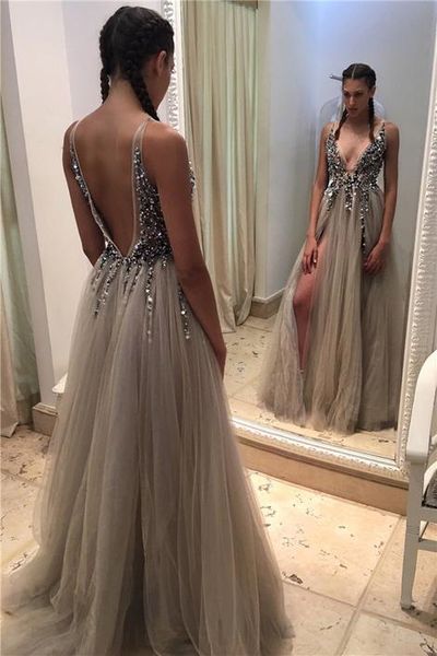 

Silver Beaded Evening Dresses 2019 Formal Evening Dress Party Gowns High Split Skirt Abendkleider vestidos de baile robes de soirée