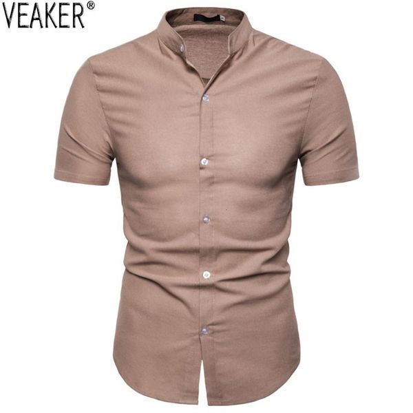 

2019 new men summer cotton linen shirts men effen color slim fit short mouw male random mandarin collar shirts s -2xl, White;black