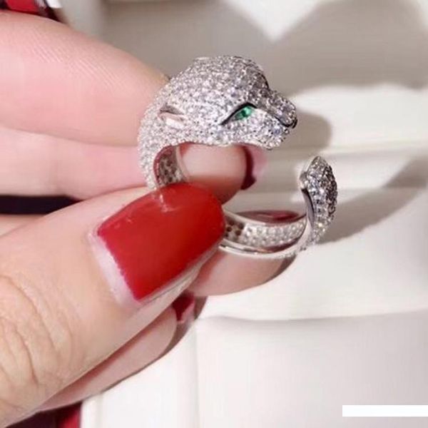 

925 серебряной марка кольца леопарда голова животное инкрустированная горный хрусталь циркон пантера кольцо для женщин дара, Silver