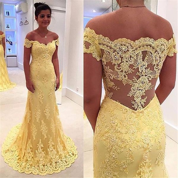 

sweep train colorful transparent mermaid off shoulder lace yellow prom dress custom made appliques formal party evening gowns guest honor, Black