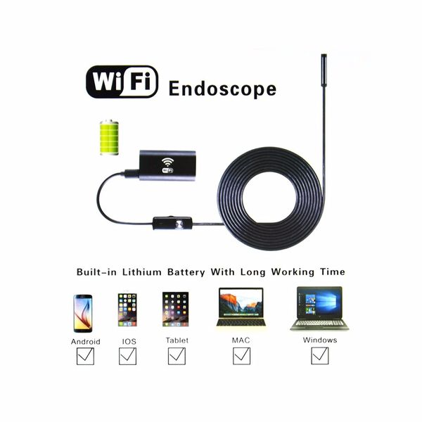 

mini 1m/2m/5m 8mm endoscope wifi wireless for android borescope hd 720p 2.0mp 6led tube ip67 waterproof inspection camer