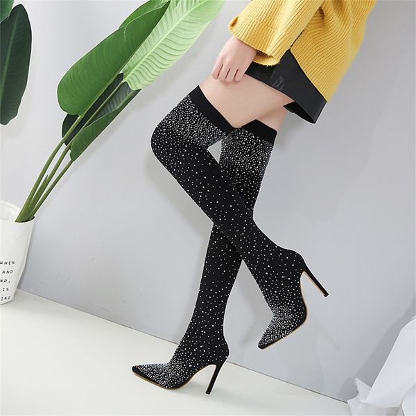 

2019 new fashion women's shoes rhinestone high heel women's boots stretch cloth over the knee women boots, Black