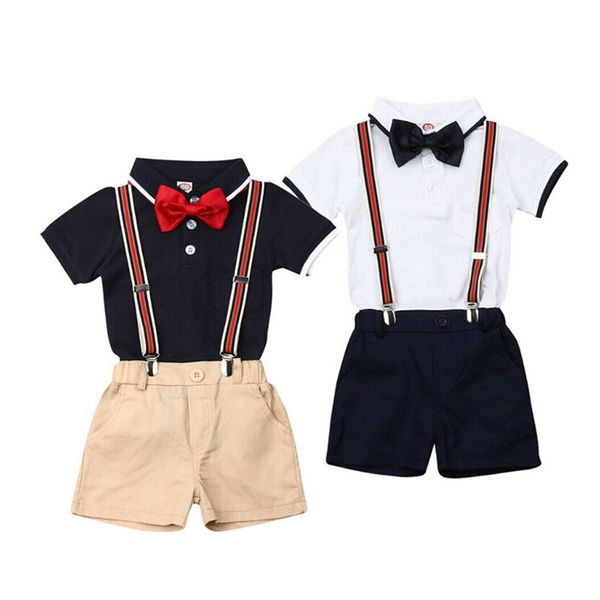 

toddler baby kids boy gentleman formal suit white shirt +bib pants overalls bowtie outfit summer clothes set 1-5t
