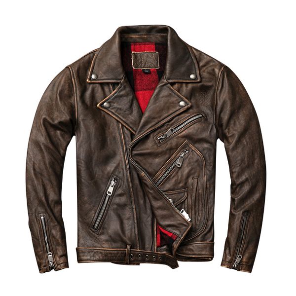 

2020 vintage brown men motorcycle leather jacket plus size xxxxl genuine thick cowhide slim fit leather coat ing, Black