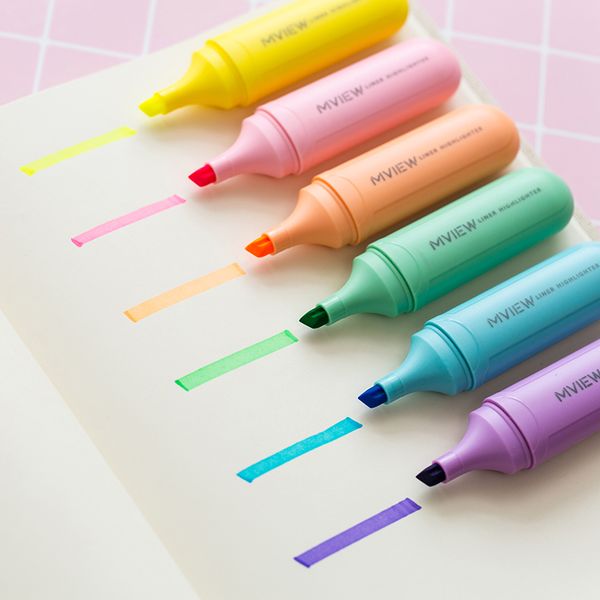 

1-piece liner highlighter yellow pink blue green purple orange cute highlight marker pens oblique toe school office suppllies, Black;red