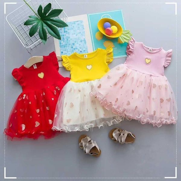 

new summer girls party dress children fashion sleeveless mesh dress for baby girls wedding dresses kids cute clothing 1-4y t200417, Red;yellow