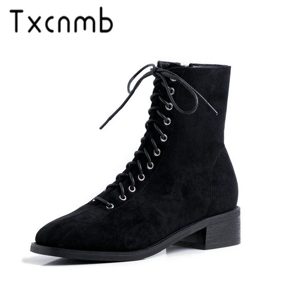 

txcnmb brand cow suede leather boots women ankle boots handmade autumn winter thick heels comfortable shoes woman, Black
