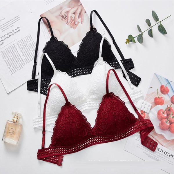 

comfy style bralette seamless deep v lace bra wireless thin underwear lingerie soft push up bras for women lace up, Red;black