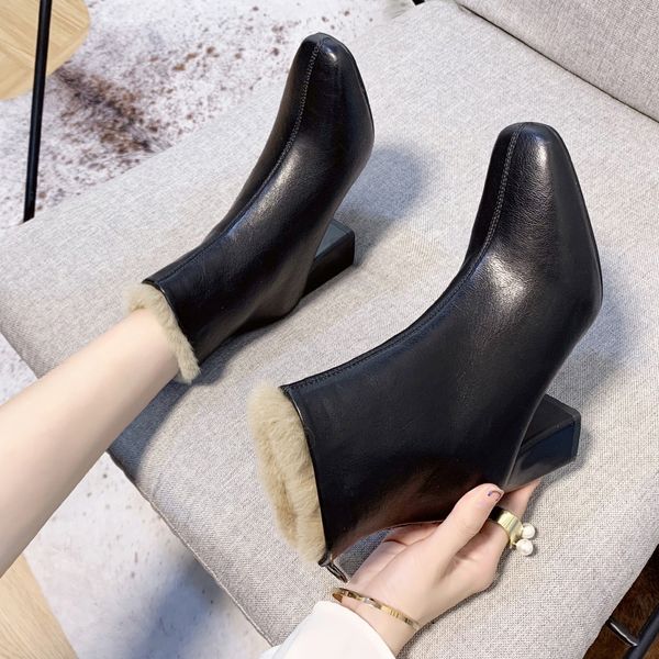 

spring autumn 7cm ankle boots women new womens anke high boots thick heels ankle boots for women square toes autumn winter boot zip, Black