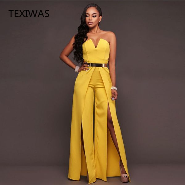 

texiwas 2020 hollow long bodysuit fashion women zipper slim split the fork jumpsuit elegant wrap the chest wide leg jumpsuit, Black;white