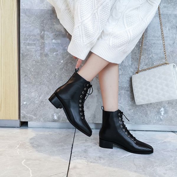 

tanariya new arrival shoes woman boots women qiu dong new style square head female with ankle boots to tie female, Black