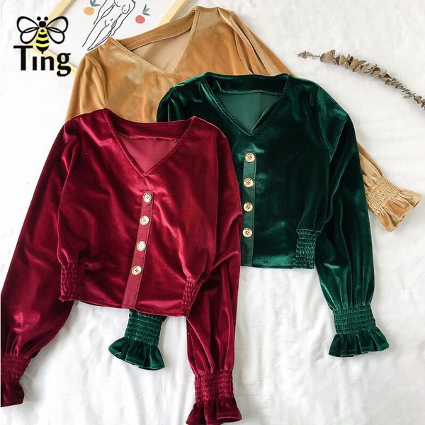 

tingfly fashion chic crop velvet women decorative button casual velvet blouse for skinny women spring autumn streetwear, White