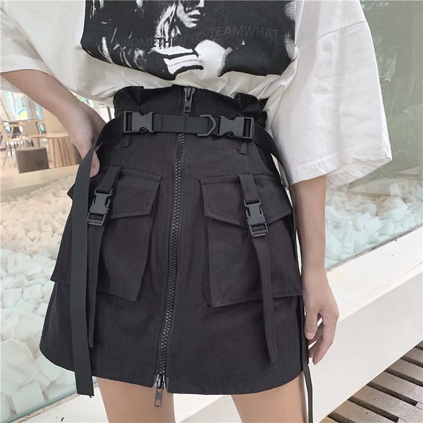 

gothic a-line zipper women mini cargo skirts pockets bodycon solid ladies summer harajuku female sashes mini short skirt, Black