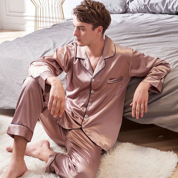

xifenni faux silk pajamas male 2020 autumn new silky ice silk sleepwear man long-sleeve solid color pajama sets 9002, Black;brown