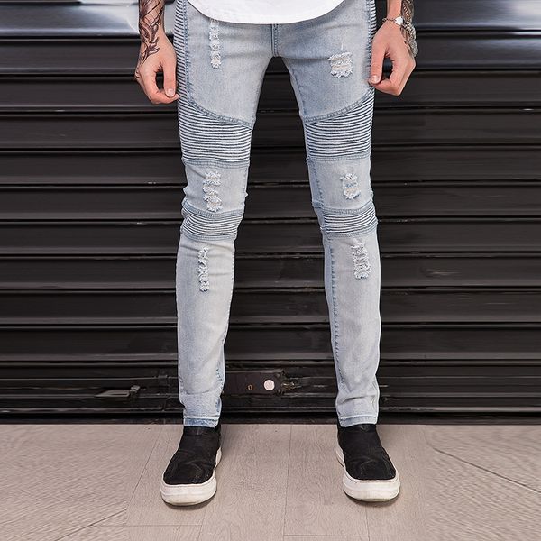 

tide men motorcycle ripped stretchy skinny biker jeans pleated stitching slim destroyed fashion streetwear hip hop denim pants, Blue
