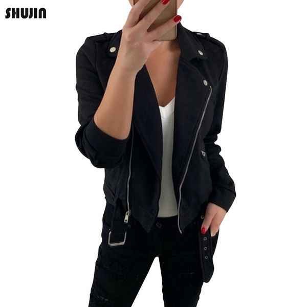 

shujin 2019 women zipper lapel motorcylce faux leather jacket new female spring autumn solid pocket long sleeve slim fit coats, Black;brown
