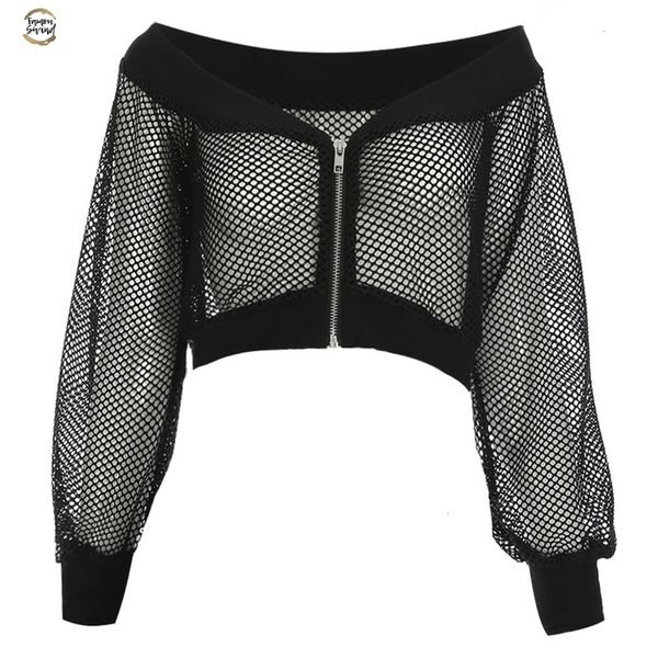 

gothic short women blouse black mesh see-through slash neck hollow off shoulder long sleeve club street goth blouse, White