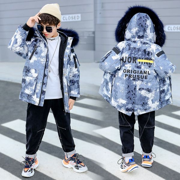 

children's winter jacket for boy girl clothing camouflage coat thick duck down thickening outwear -30 degrees teenager snowwear, Blue;gray