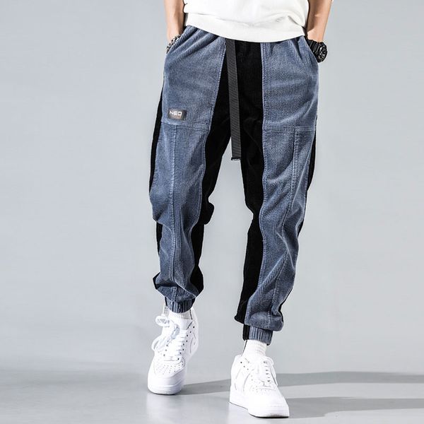 

fashion streetwear men jeans loose fit spliced designer casual corduroy cargo pants harem trousers japanese hip hop jogger pants, Blue
