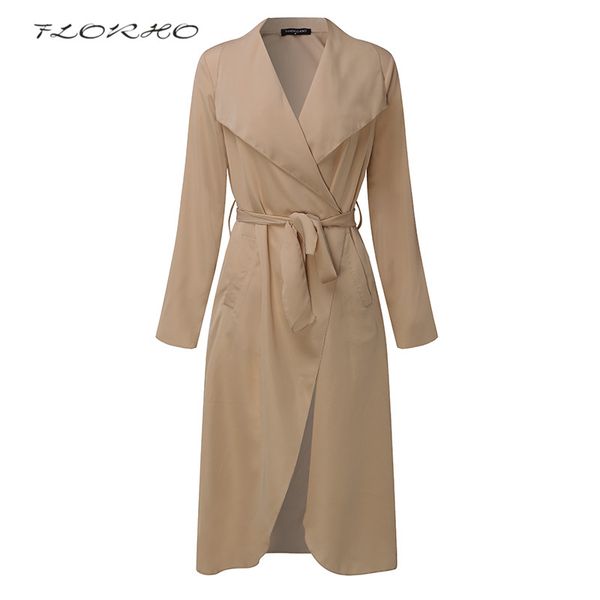 

spring thin waterfall collar trench coat women khaki lapel neck long sleeve with belt outerwear autumn elegant windbreaker coats, Tan;black