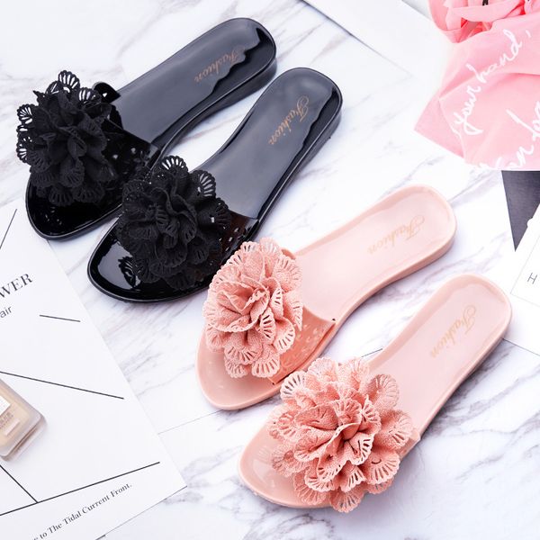 

fashion leisure slides women solid outside low wedges slippers summer slip-on casual flower ladies shoes, Black