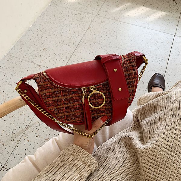 

winter wool chest bag female crossbody bags for women chain wide strap shoulder bags luxury pu leather women handbags ladies new