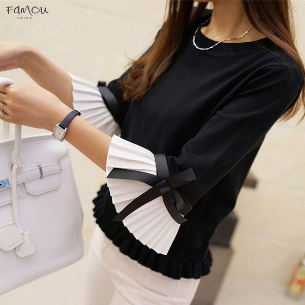 

New 2019 Fashion Pullover Autumn Women Sweater Chiffon Flare Sleeve Bow Spring Slim Sweaters Women High Quality Tops