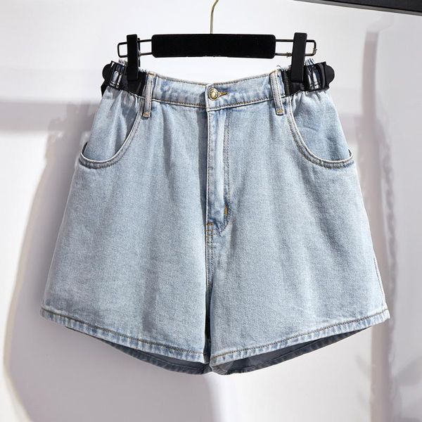 

women summer fashion korea style solid color elastic waist wide leg a-line denim shorts office lady causal large 100kg shorts, White;black