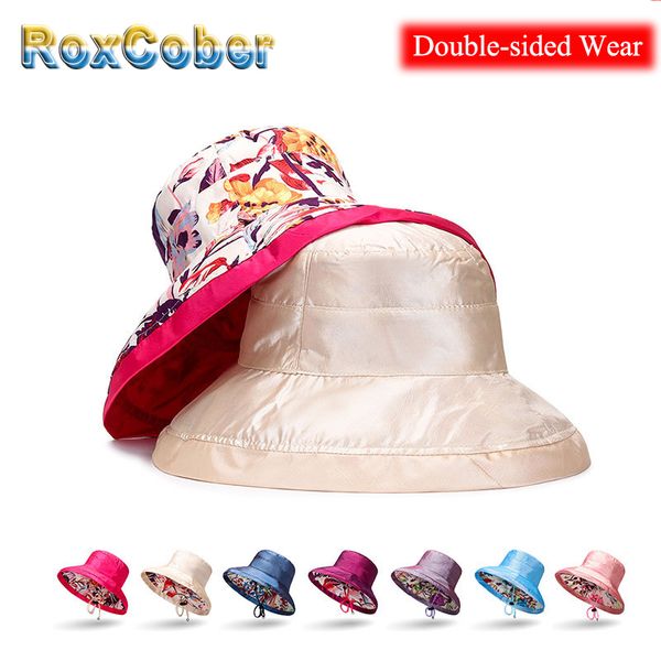 

roxcober summer women's double-sided flowers bucket caps outdoor travel folding sunscreen beach fisherman's sun hat visors 3003, Blue;gray