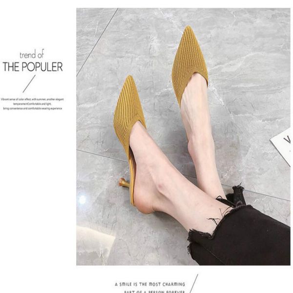 

net gold lazy baotou half slippers women wear 2019 summer new knitted stiletto pointed high heel sandals autumn, Black