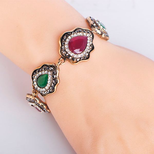 

blucome clearance vintage turkish style bracelet green resin water drop shape jewelry women girls party hand accessories gifts, Black