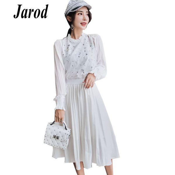 

autumn women 2 piece set 2018 runway white sequined long sleeve ruffles chiffon blouse+high waist pleated skirt set, Gray
