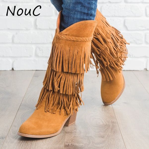

nouc stretch mid-claf boots round toe frosted leather thick heel high heel skinny legs fashion shoes winter shoes drop ship, Black