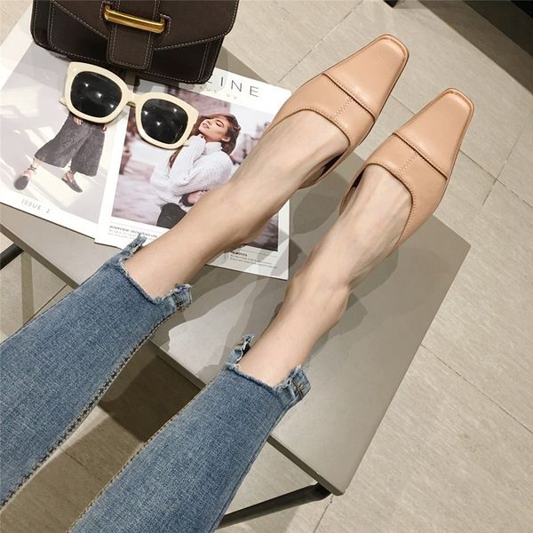 

shoes woman 2020 woman's slippers slides med square toe new block hoof heels fabric rubber rome basic spring pu, Black