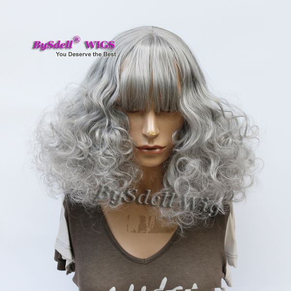 Sexy Lady Shoulder Length Hair Wig Synthetic Granny Grey Color