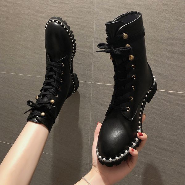 

autumn boots women's low shoes round toe clogs platform luxury designer chunky heel bootee woman 2019 lace up booties ladies, Black
