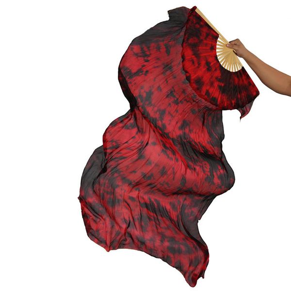 

9 colors women dancewear performance prop 100% silk 1 pair dancing fans dance accessory tie dye 180cm belly dance silk fan veils, Black;red